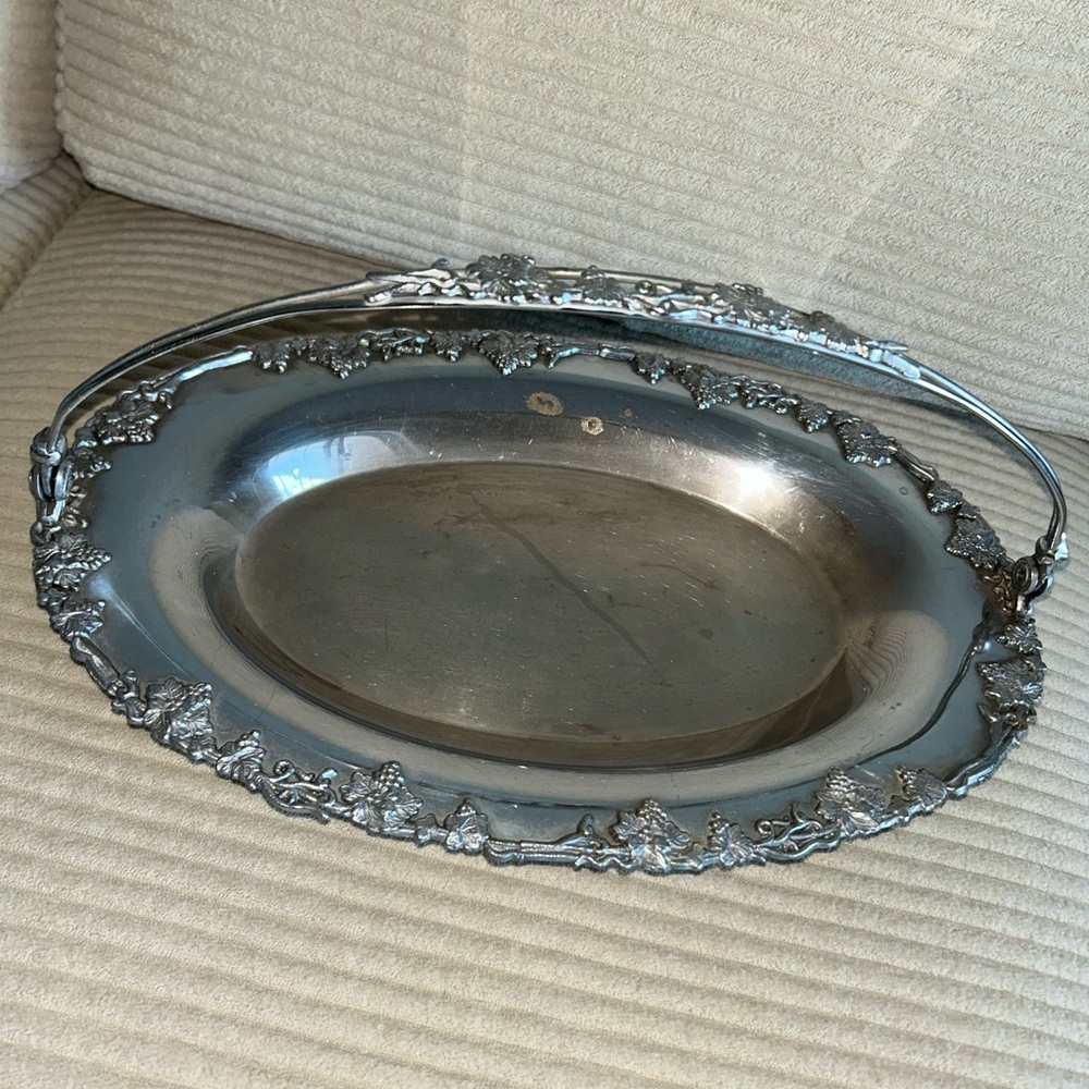 Antique Sheffield Silver Co. Oval Plate Tray Serving Etched Tray With Handle